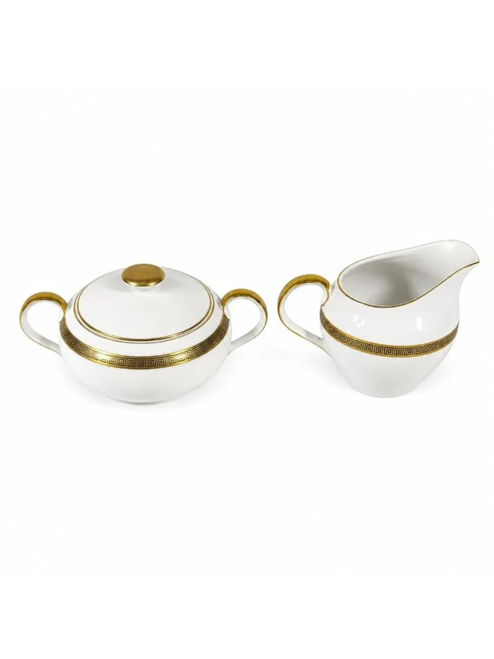 Cream and Sugar Bowl Set Key Largo by Meito Black Greek Key On Gold Band Royal M